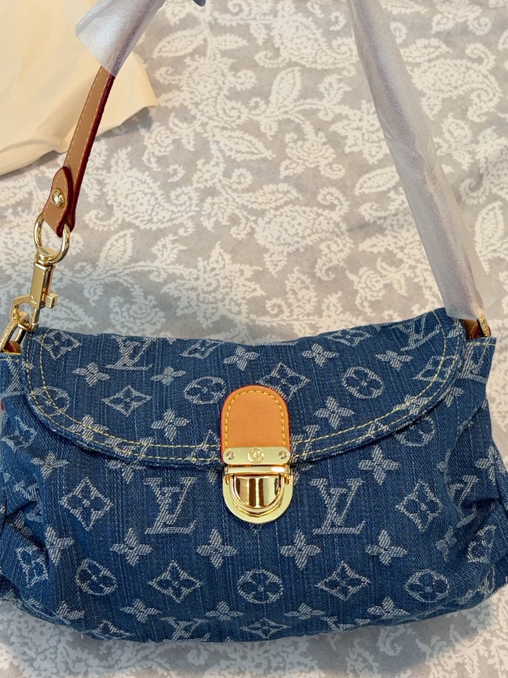 Denim Shoulder Bag with Gold-Tone Clasp - Blue